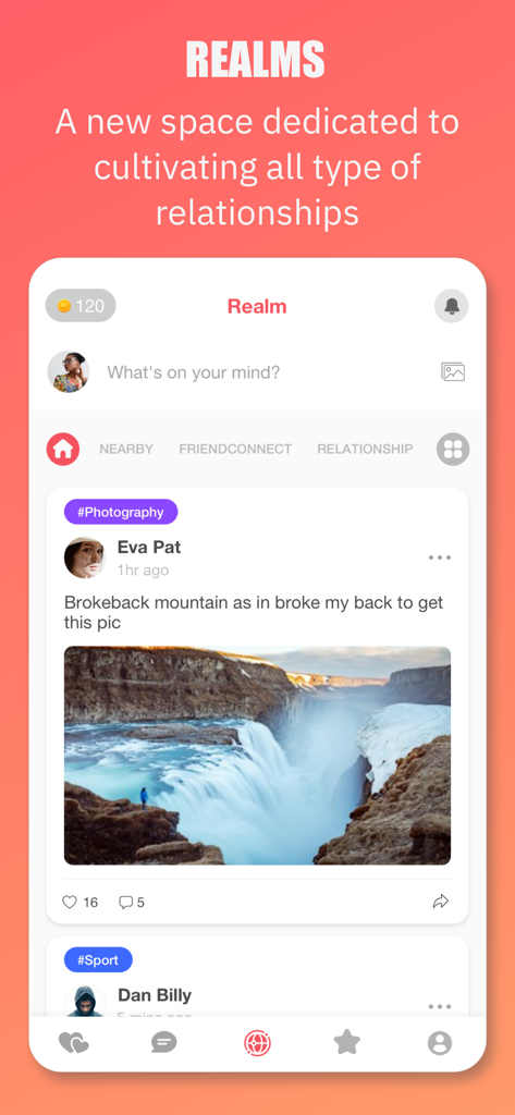 Mingle2 app interface displaying the Realms social feed for sharing photos and building connections.