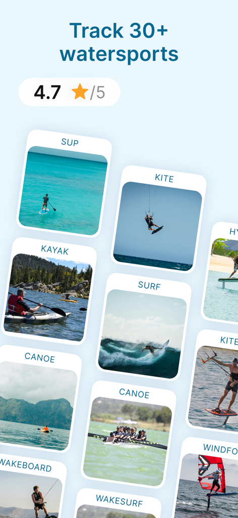 Waterspeed app screen showing various supported water sports like surfing kayaking and kiteboarding