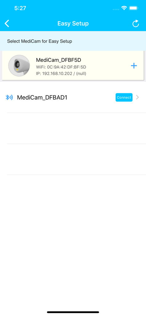 Bildschirm zur einfachen Einrichtung in der MediCam App zum Verbinden mit einer drahtlosen medizinischen Kamera
