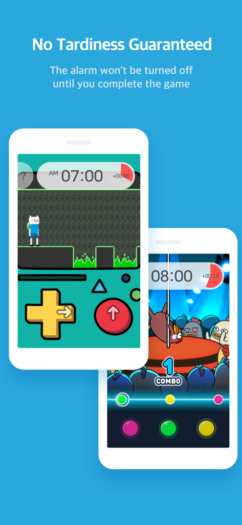 Two mobile screens displaying interactive mini games that must be completed to silence the AlarmMon alarm