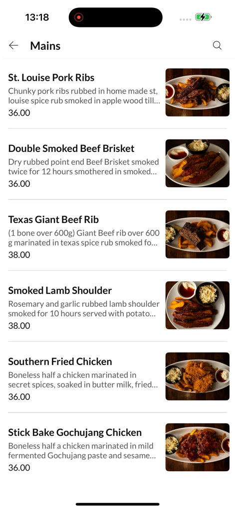 Benny's Smokehouse mobile app menu displaying main dishes like pork ribs and beef brisket
