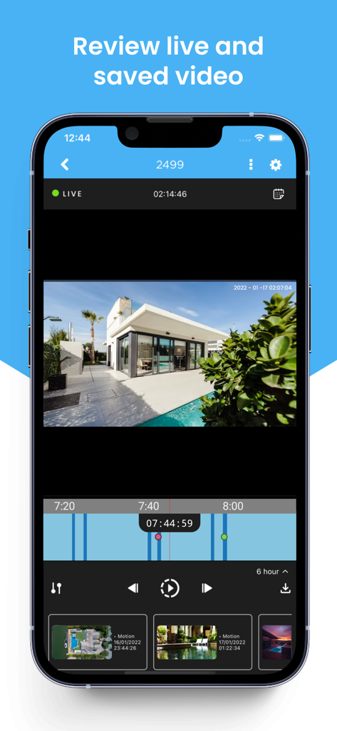 Amcrest Cloud - Amcrest Cloud mobile app showing live security footage and video playback timeline