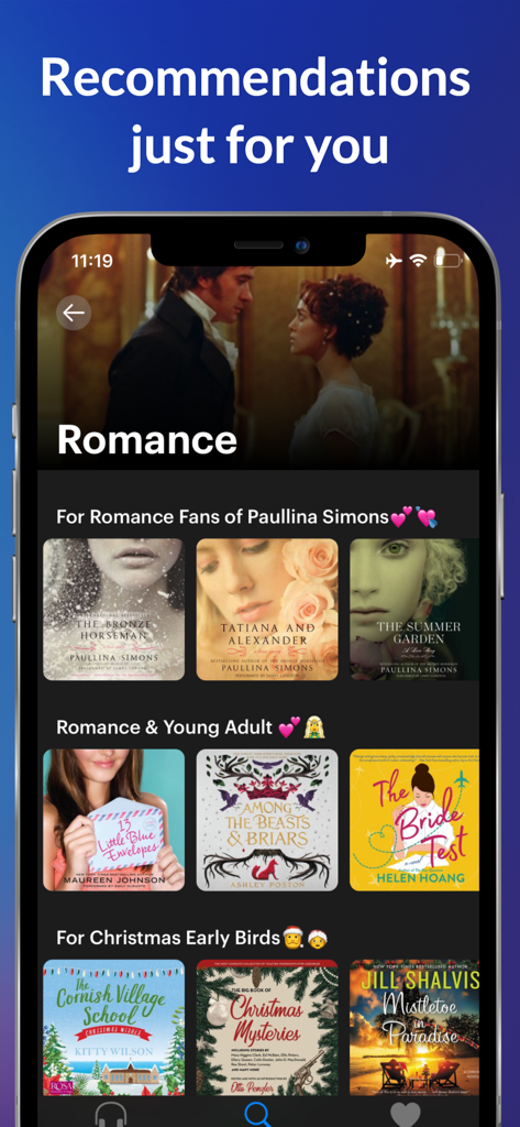 Mobile app interface showing personalized audiobook recommendations for romance and seasonal categories