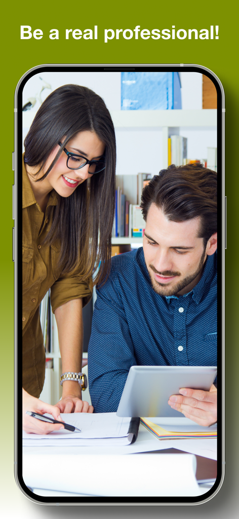 Two professional designers collaborating in an office with a tablet and architectural plans.