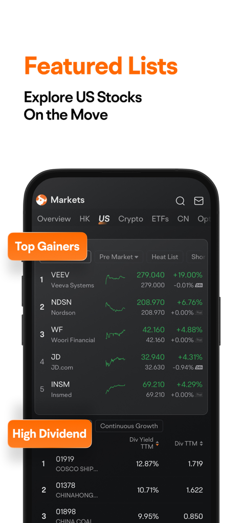 Futubull-Easy Investment - Schermata mobile dell'app Futubull che mostra le liste di azioni USA in primo piano per i maggiori guadagni e i rendimenti elevati.