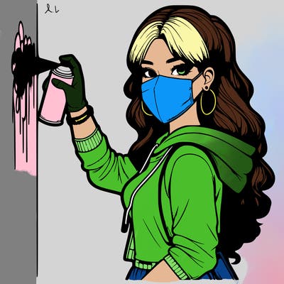 realistic girl with mask spray painting a wall