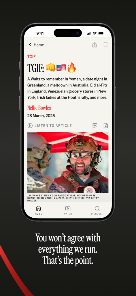 A news article titled TGIF by Nellie Bowles on The Free Press mobile app interface.