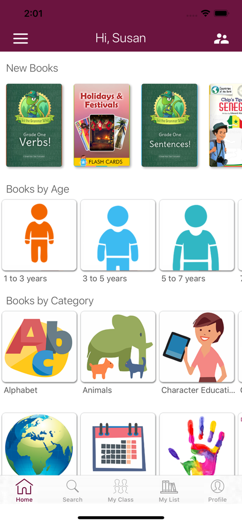 Dashboard of Smart Kidz Smart Classroom app showing educational books categorized by age and subject.