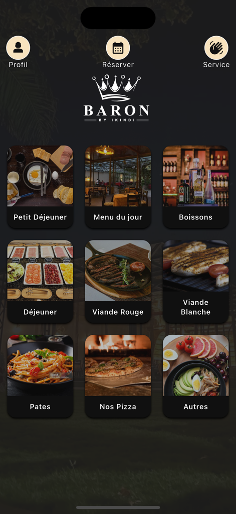 Home screen of the Baron Menu app displaying various food and drink categories like breakfast drinks and pizza