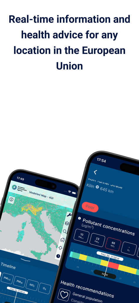 Two mobile screens showing a map of Europe with air quality data and detailed pollutant concentrations with health advice