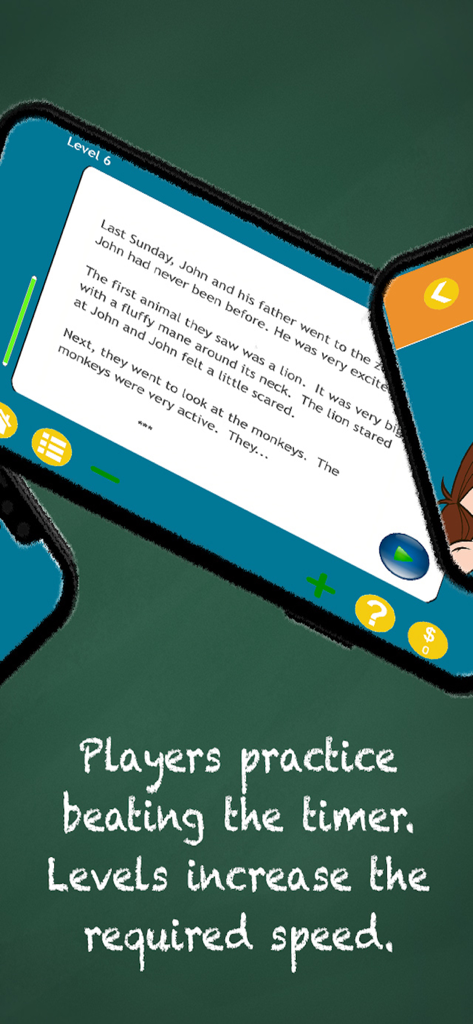 Reading Speed/Fluency Builder. - Reading Fluency Builder app interface showing a timed reading level with text for children