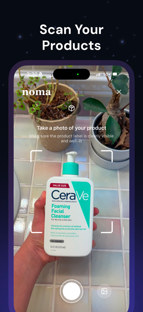 Noma - Get Rid of Acne - Mobile app interface showing a person scanning a skincare bottle to check ingredients