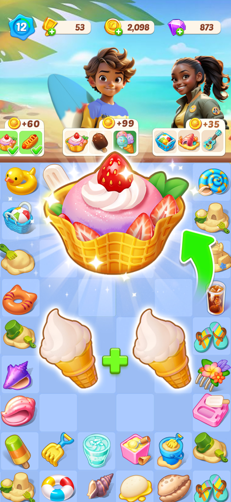 Happy Merge Seaside - Gameplay screen of Happy Merge Seaside showing ice cream cones being merged into a large strawberry sundae on a beach-themed puzzle board with various summer items.