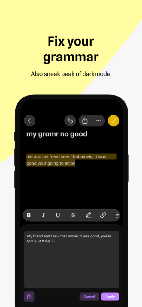 CharacterKey - AI Keyboard - Una captura de pantalla que muestra la función de corrección gramatical de IA en la interfaz de modo oscuro de CharacterKey.