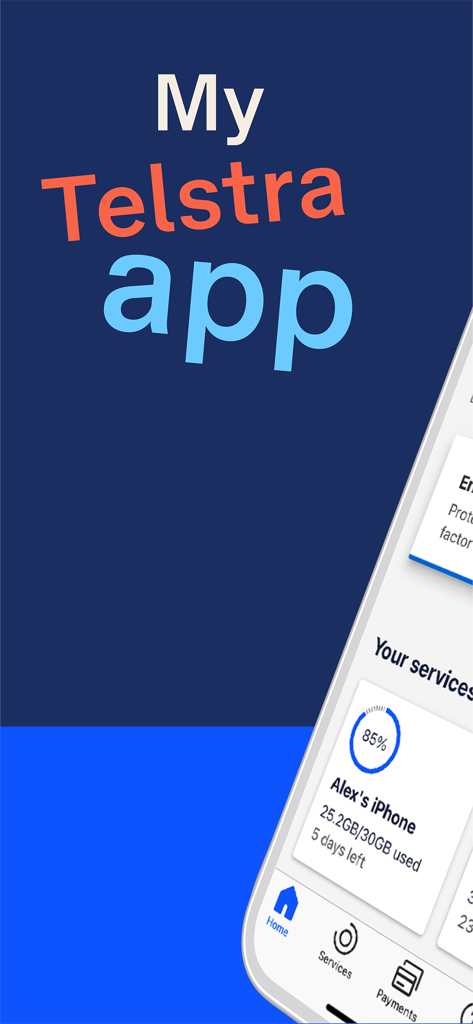 My Telstra app interface showing mobile data usage for an iPhone with eighty five percent used