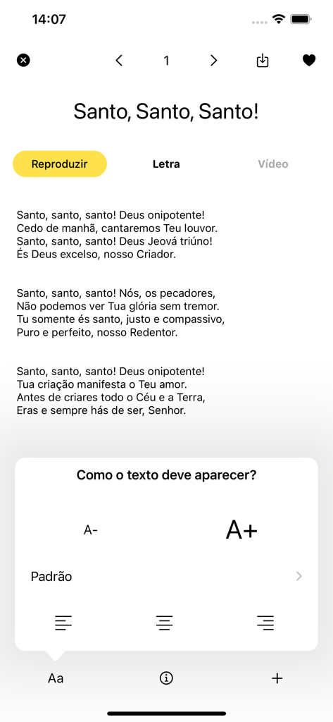 Novo Hinário Adventista - Tela de letras de hino com um menu aberto para ajustar o tamanho da fonte e o alinhamento do texto no aplicativo Novo Hinário Adventista.