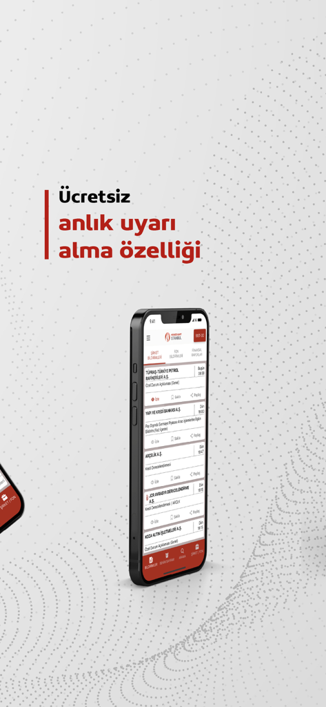 KAP Mobil - Smartphone screen showing the KAP Mobil app interface with real-time Turkish stock market disclosures and notification alerts.