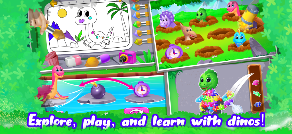 Dino World for Kids age 5 4 3 - 子供向けの塗り絵やパズルを含む、4つの教育的な恐竜ミニゲームのコラージュ