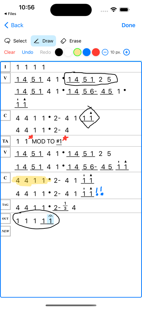 Nashville Numbers - Editor de partituras digitales del Sistema de Números de Nashville con anotaciones dibujadas a mano y barra de herramientas de edición