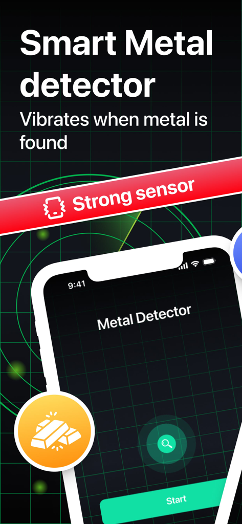 Interface of the Metal and Gold Detector app with smart sensor and radar