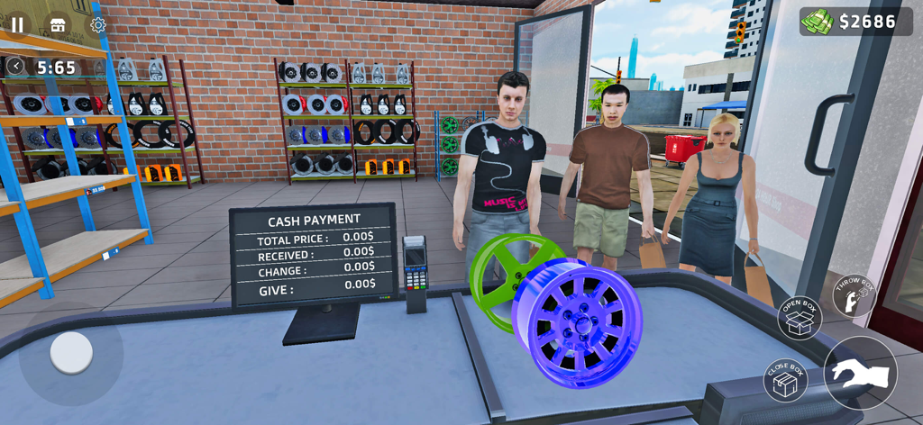 My Car Mechanic Shop Simulator - A first person view of a player serving customers at the checkout counter in a car parts shop simulator