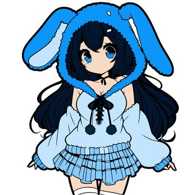 pretty anime girl wearing a fluffy hoodie with bunny ears on the hood and a skirt