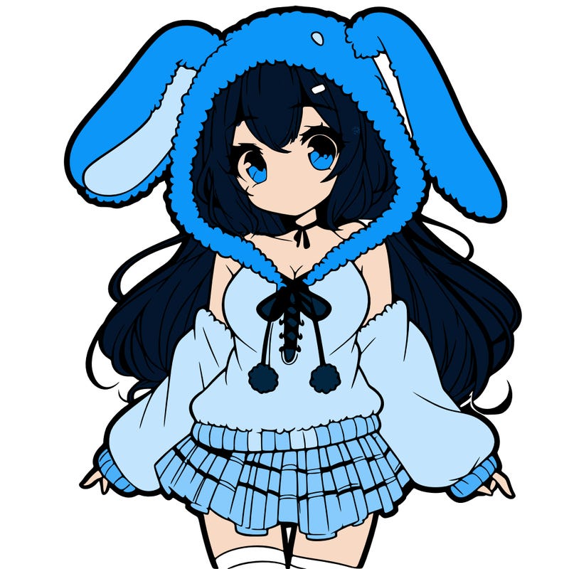 pretty anime girl wearing a fluffy hoodie with bunny ears on the hood and a skirt