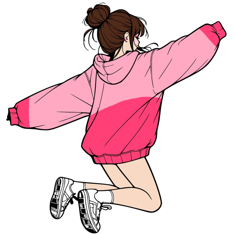 realistic girl jumping with a bun and oversized sweatshirt
