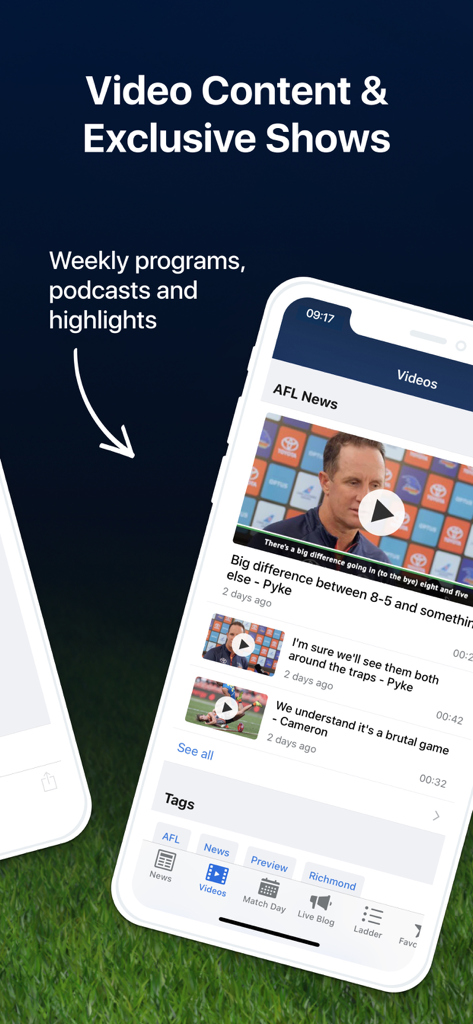 Footy Live: AFL Scores & Stats - Interfaz de la aplicación Footy Live que muestra videos de noticias de la AFL y programas semanales exclusivos