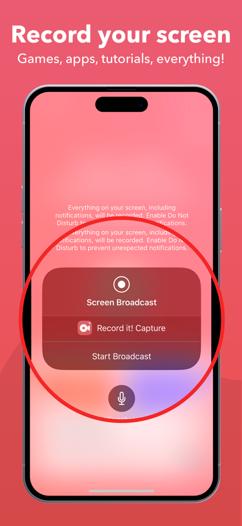 iPhone screenshot showing the Record it app interface with the screen broadcast feature and start recording button