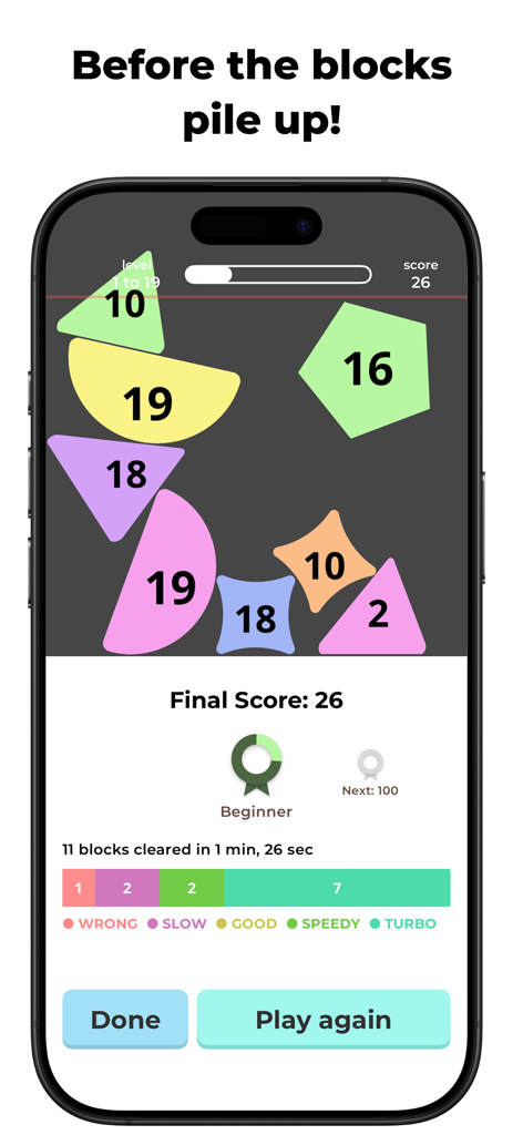Languish: French Numbers - Pantalla de resultados del juego en Languish que muestra una puntuación final de 26 y rango principiante para el reconocimiento de números en francés.