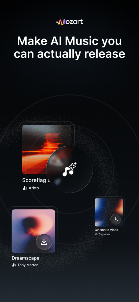 Mozart AI: AI Music Studio - Interfaz de la aplicación Mozart AI mostrando pistas y álbumes de música generados por IA listos para publicar