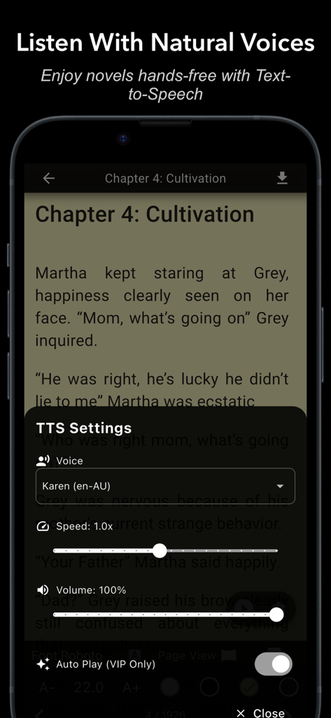 Light Novel - Offline Reader - Interfaz de configuración de texto a voz en la aplicación Novela Ligera Lector sin Conexión que permite a los usuarios escuchar historias con voces naturales
