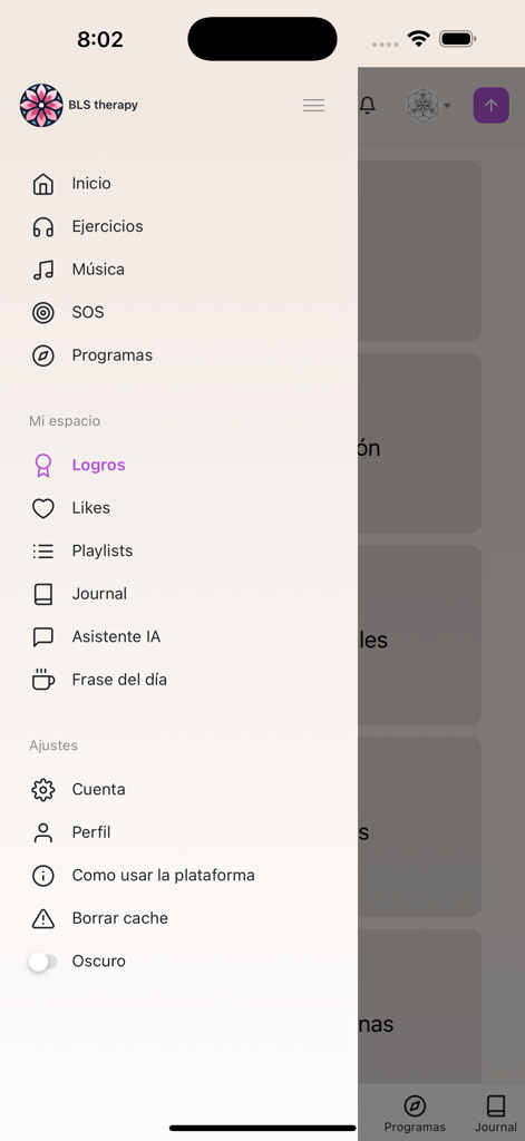BLS therapy - Navigation sidebar of the BLS Therapy app showing mental health and wellness features in Spanish
