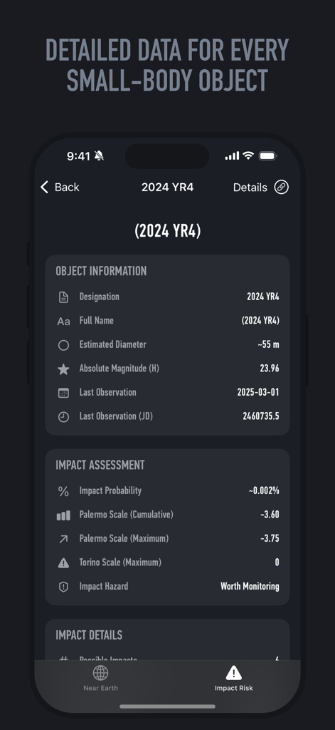 Near-Earth Asteroids Tracker - 地球近傍小惑星トラッカーアプリでの詳細な小惑星情報と衝突評価。