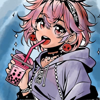 hot baddie anime girl drinking boba and biting the straw