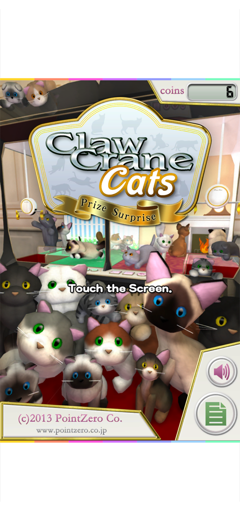 Tela de título do jogo Claw Crane Cats com muitos gatinhos de pelúcia fofos e um banner de surpresa de prêmio.