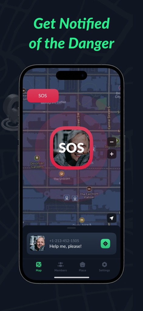 Locate Family & Track Friends - Family tracking app interface showing an emergency SOS alert and map location