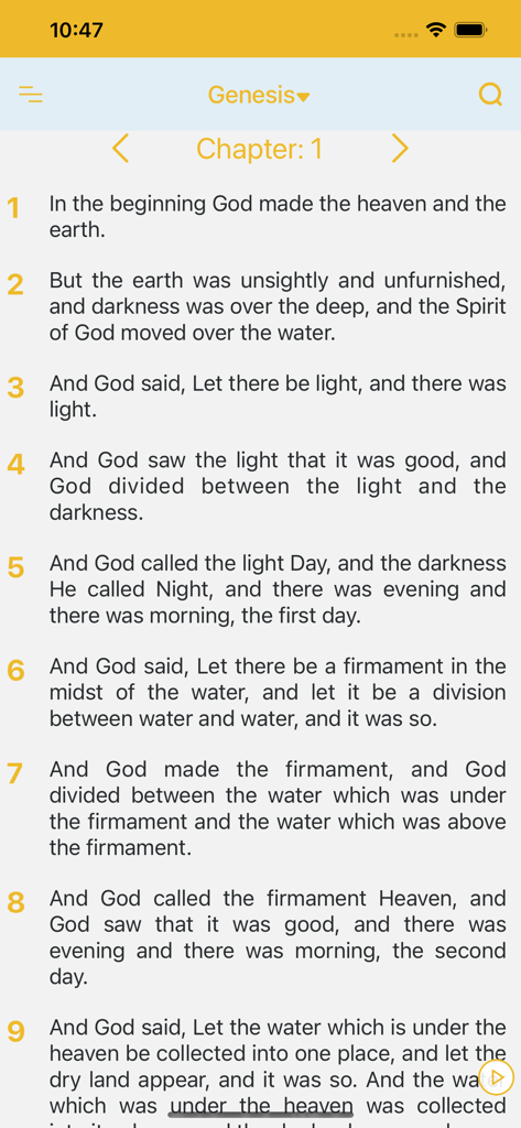 Reading screen of the Eastern Orthodox Bible app displaying the first chapter of Genesis