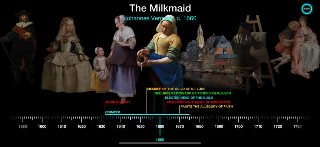 Art Legacy - Interfaz de la aplicación Art Legacy que muestra una línea de tiempo cronológica de la vida de Johannes Vermeer y su obra maestra La lechera