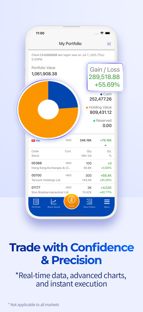 BOOM Mobile Trading - BOOM Mobile Trading app portfolio screen showing total investment value, gains, and a list of international stock holdings.