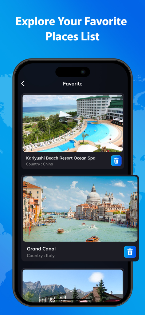 Pantalla de smartphone que muestra la lista de ubicaciones favoritas de la cámara de la Tierra en vivo con vistas de puntos de referencia internacionales