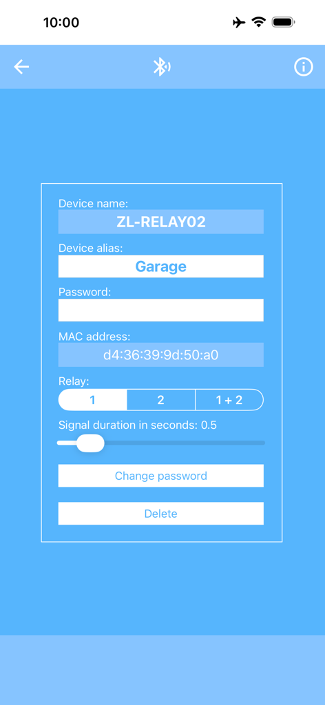 Tela de configuração para um módulo de relé Bluetooth no aplicativo Controle de Porta de Garagem mostrando alias do dispositivo e configurações de endereço MAC