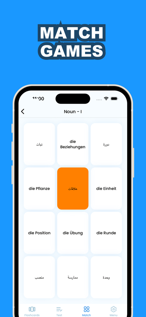 Learn Arabic & German - A vocabulary matching game screen on an iPhone showing a grid of cards with Arabic and German words for language practice.