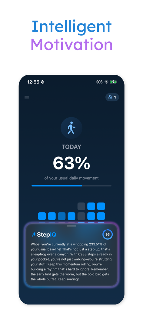 Step Counter Move App: Step AI - Step AI app interface showing daily movement progress and personalized StepIQ motivation