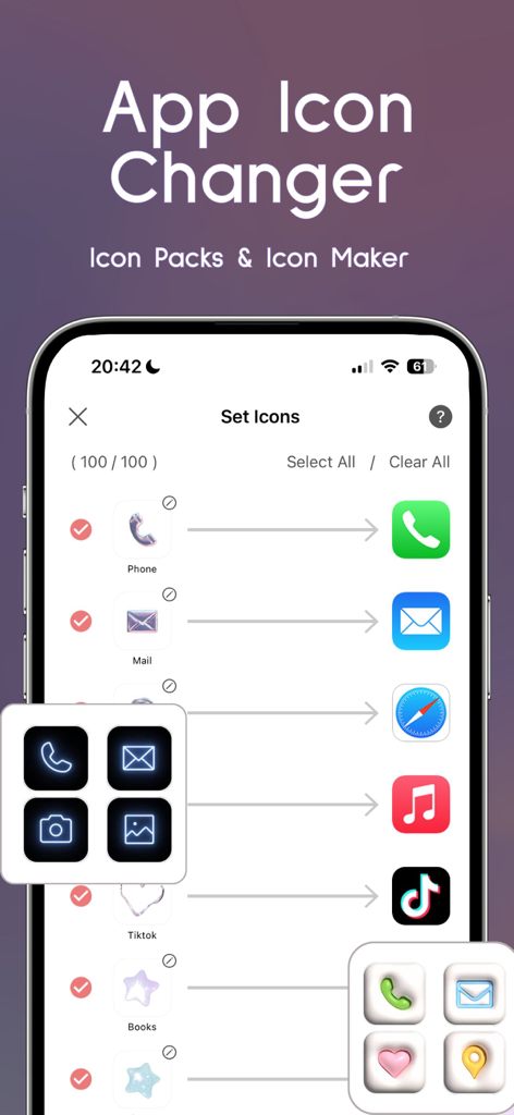WidgetClub:Widget, Theme, Icon - Interfaccia dell'app WidgetClub che mostra come cambiare e personalizzare le icone delle app con pacchetti di icone estetiche e uno stile di design 3D gonfiato.