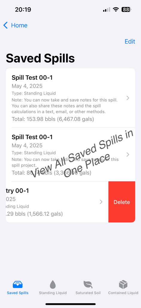 Spill Calc - Pro - A list of saved spill records in the Spill Calc Pro app with volume estimates and a delete option.