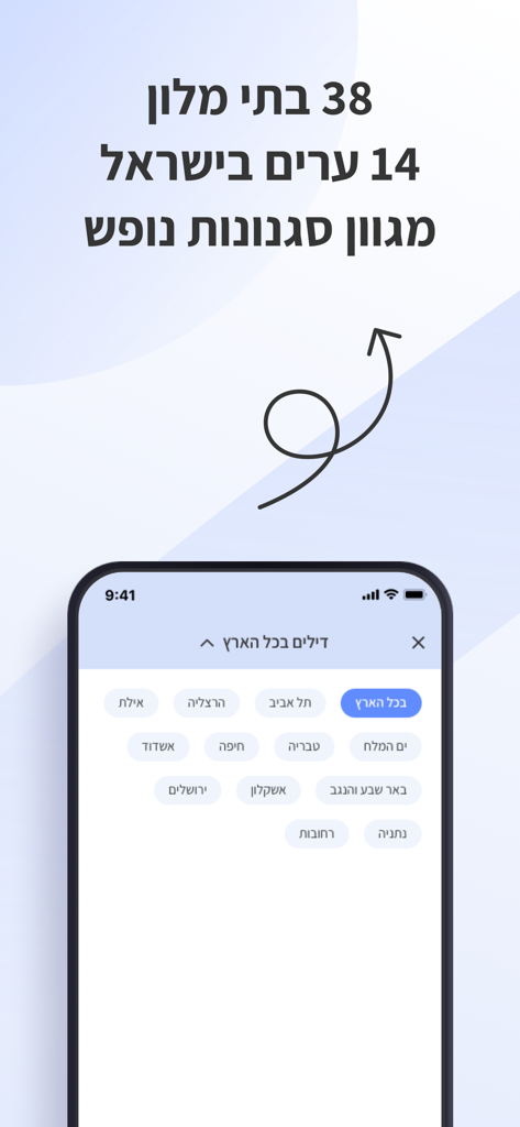 yala – מבצעי הרגע האחרון פתאל‎ - Yala app interface displaying city filters for last minute hotel deals in Israel