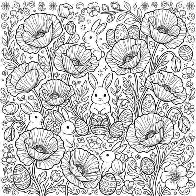 Dive into the joyous spirit of Easter with this delightful coloring page, showcasing enchanting crinkled poppies alongside playful bunnies and intricately decorated eggs. It's a perfect blend of floral beauty and festive charm, ready for your creative touch.