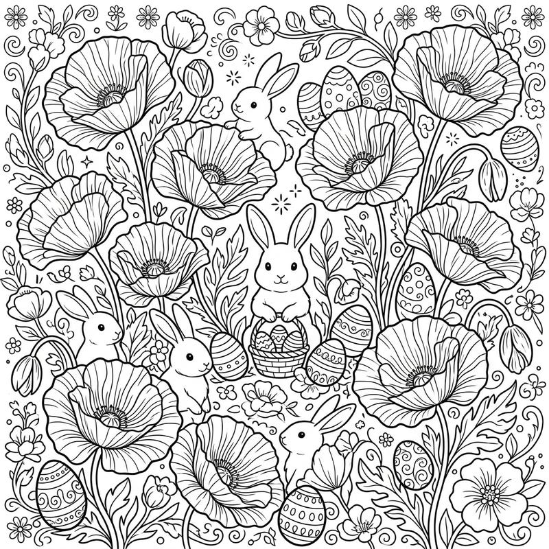 Dive into the joyous spirit of Easter with this delightful coloring page, showcasing enchanting crinkled poppies alongside playful bunnies and intricately decorated eggs. It's a perfect blend of floral beauty and festive charm, ready for your creative touch.